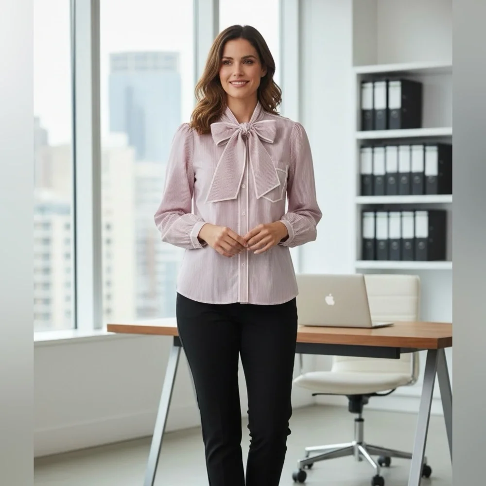 J. Crew Striped Tie Neck Poplin Pink and White Shirt - Picture 1 of 10